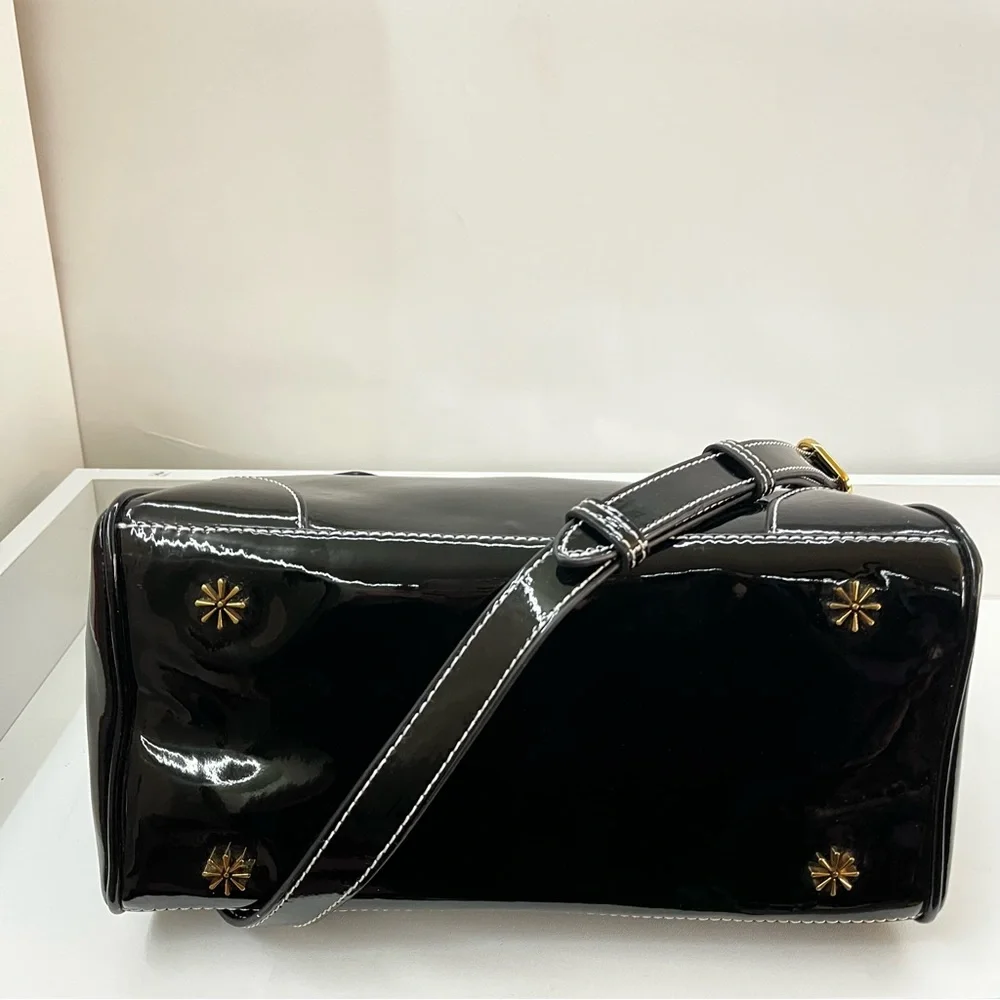 ISAAC MIZRAHI Black Patent Flower Boston Bag Satchel Tote